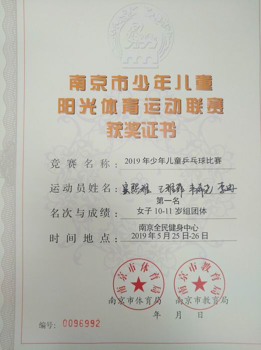 调整大小 2019.5窦熙雅、王雅菲、韦希尧、李冉在2019少年儿童乒乓球比赛中获女子10-11岁组第一名.jpg