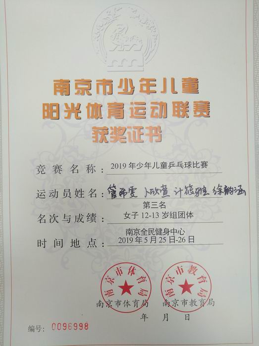 调整大小 管希雯、卜欣萱、计筱雅、徐韵涵在2019少年儿童乒乓球比赛中获女子12-13岁组第3名.jpg