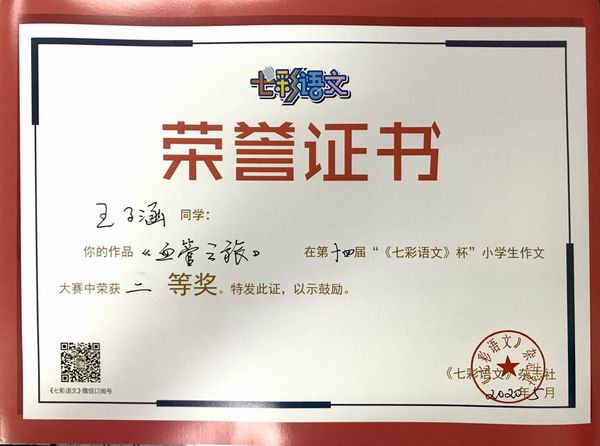王子涵作品《血管之旅》在第14届“《七彩语文》杯”小学生作文获二等奖.JPG