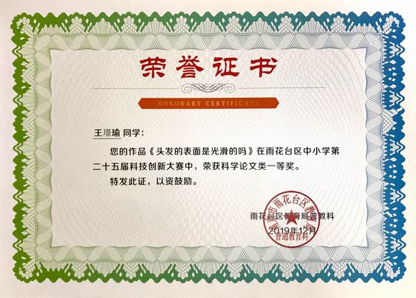 调整大小 2019.12王璟瑜《头发的表面是光滑的吗》在雨花台区中小学第25届科技创新大赛中获科技论文类一等奖指导教师：谢娟.JPG