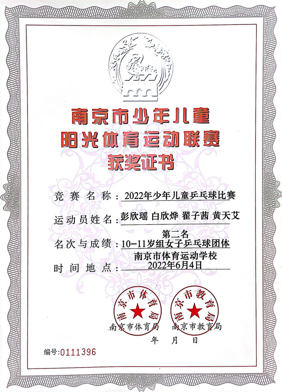 2022.6彭欣瑶、白欣烨、翟子茜、黄天艾10-11岁组女子乒乓球团体第二名.JPG
