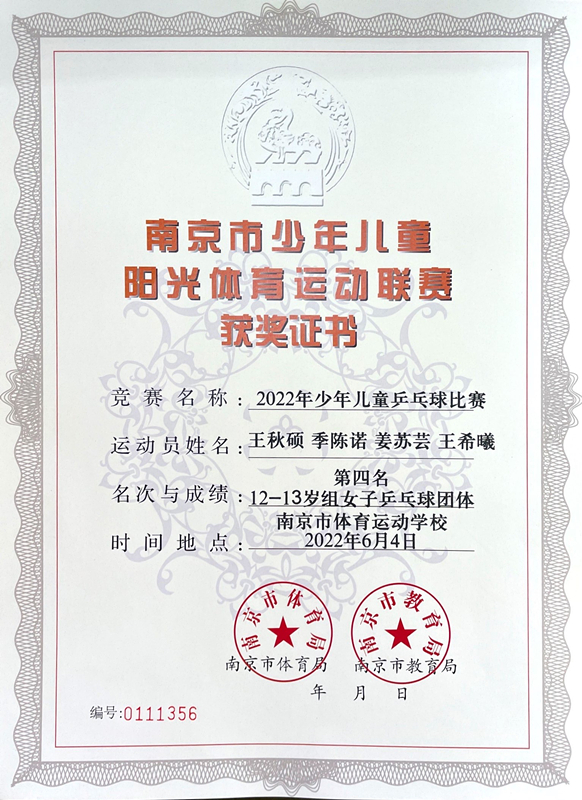2022.6王秋硕、季陈诺、姜苏芸、王希曦12-13岁组女子乒乓球团体第四名.JPG
