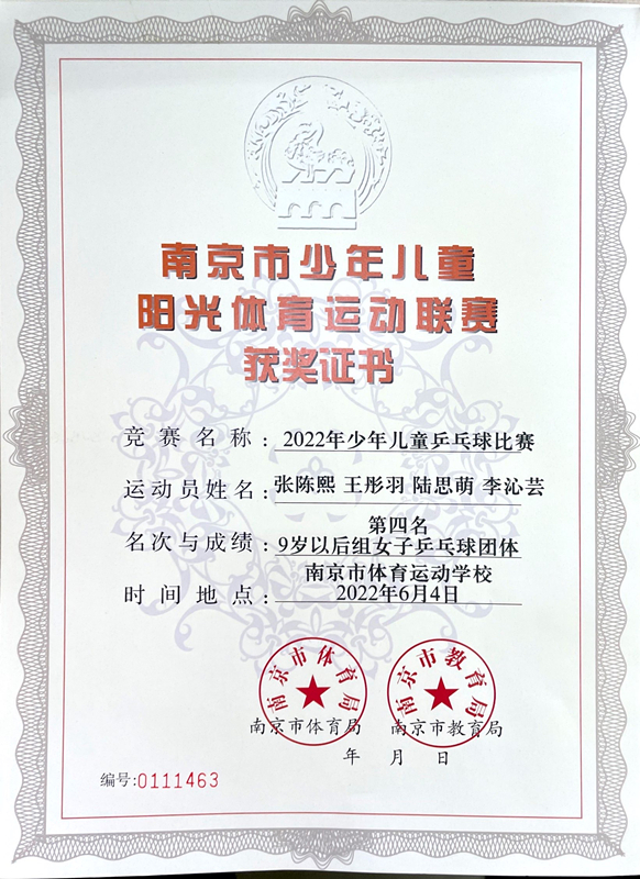 2022.6张陈熙、王彤羽、陆思萌、李沁芸9岁以后组女子乒乓球团体第四名.JPG