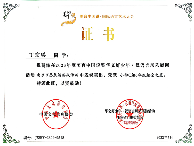 2023.5丁宗琪在美育中国说暨华文好少年·汉语言风采展演活动南京市总展演实践活动中，荣获小学C组6年级组金之星.jpg