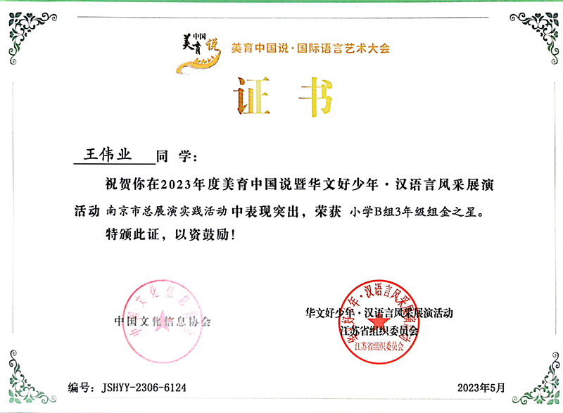 2023.5王伟业在美育中国说暨华文好少年·汉语言风采展演活动南京市总展演实践活动中，荣获小学B组3年级组金之星.jpg