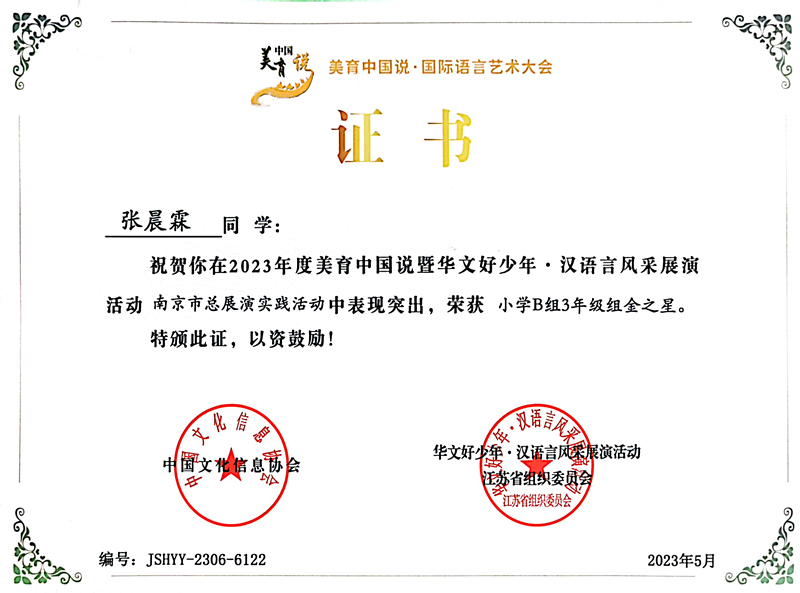 2023.5张晨霖在美育中国说暨华文好少年·汉语言风采展演活动南京市总展演实践活动中，荣获小学B组3年级组金之星.jpg