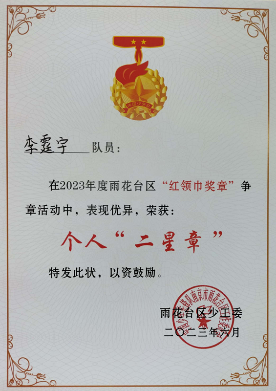 2023.6李霆宇在2023年度区“红领巾奖章”争章活动中，荣获个人“二星章”.jpg