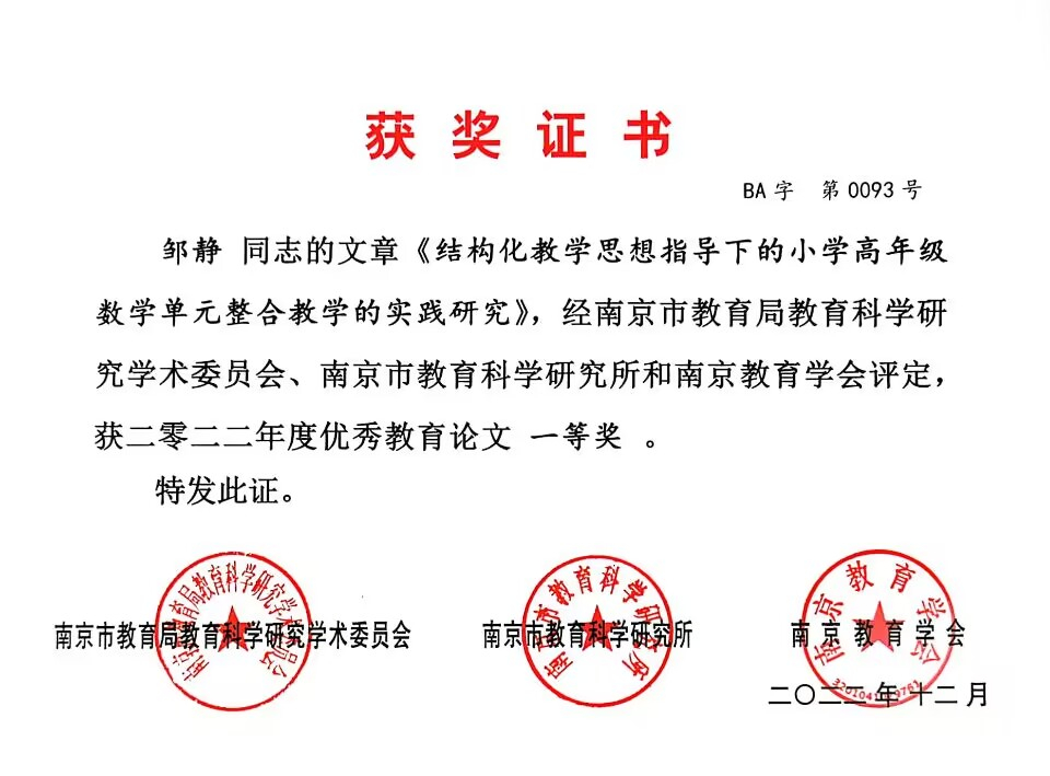 2022.12邹静的文章《结构化教学思想指导下的小学高年级数学单元整合教学的实践研究》获市优秀教学论文一等奖.jpg