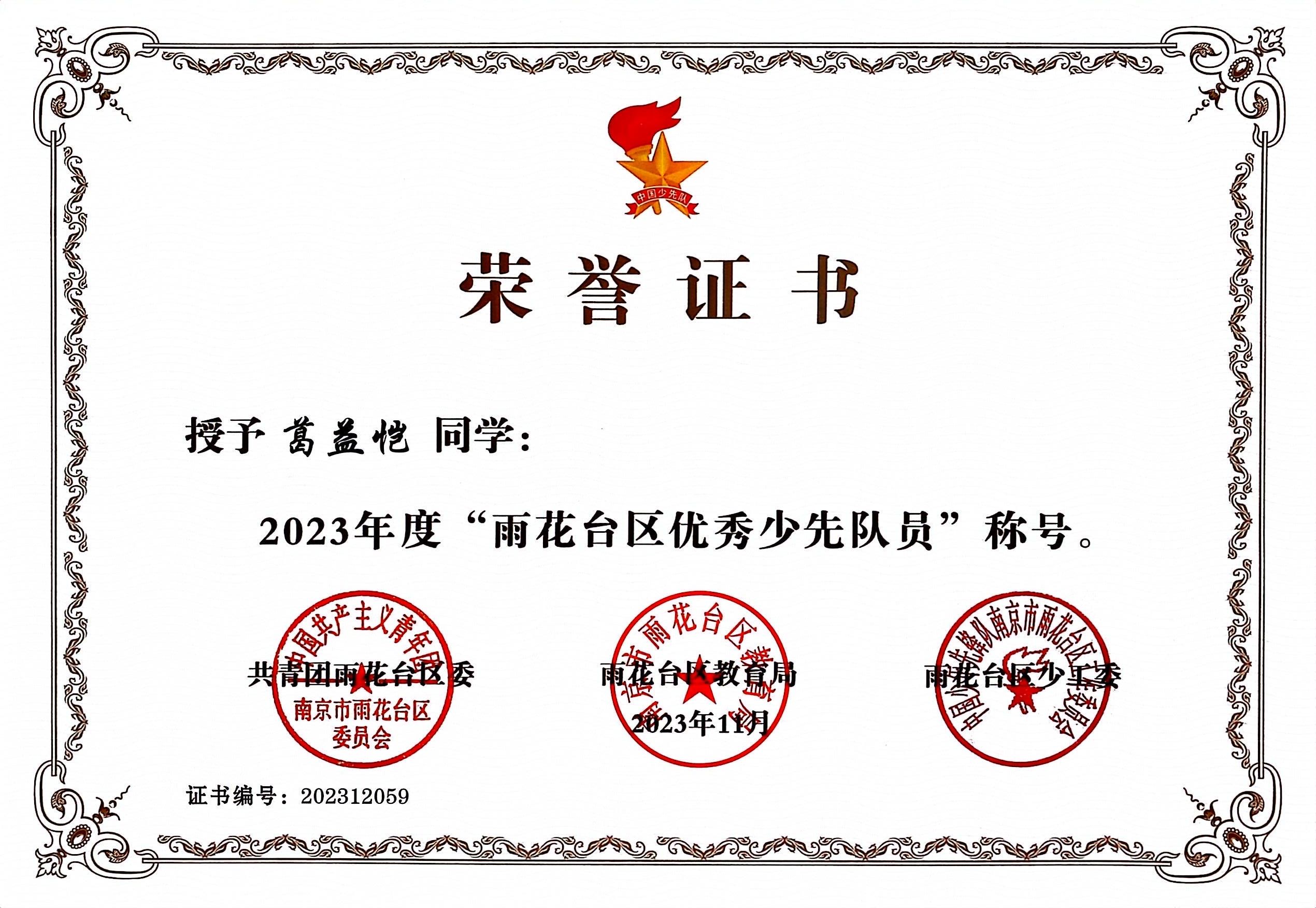葛益恺获2023年度“雨花台区优秀少先队员”.jpg