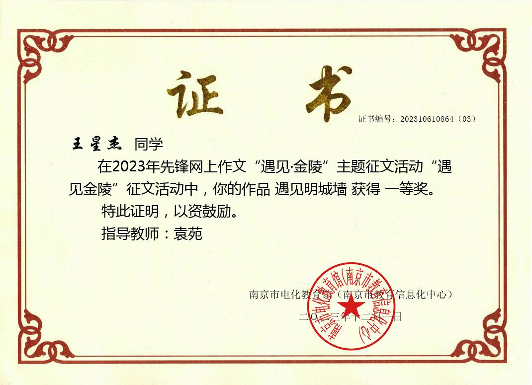 王星杰的作品 遇见明城墙 在2023年先锋网上作文“遇见·金陵”主题征文活动中获一等奖，指导教师：袁苑 (1).jpg