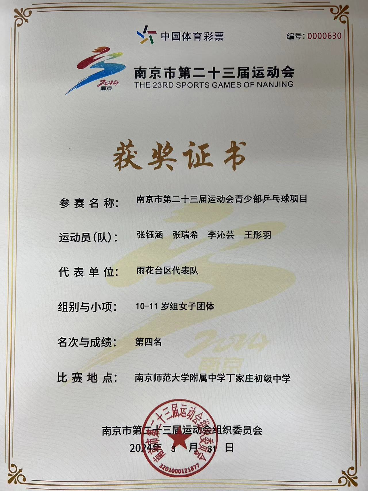 2024.3南京市共青团路小学荣获南京市第二十三届运动会青少部乒乓球项目10-11岁组女子团体第四名.jpg